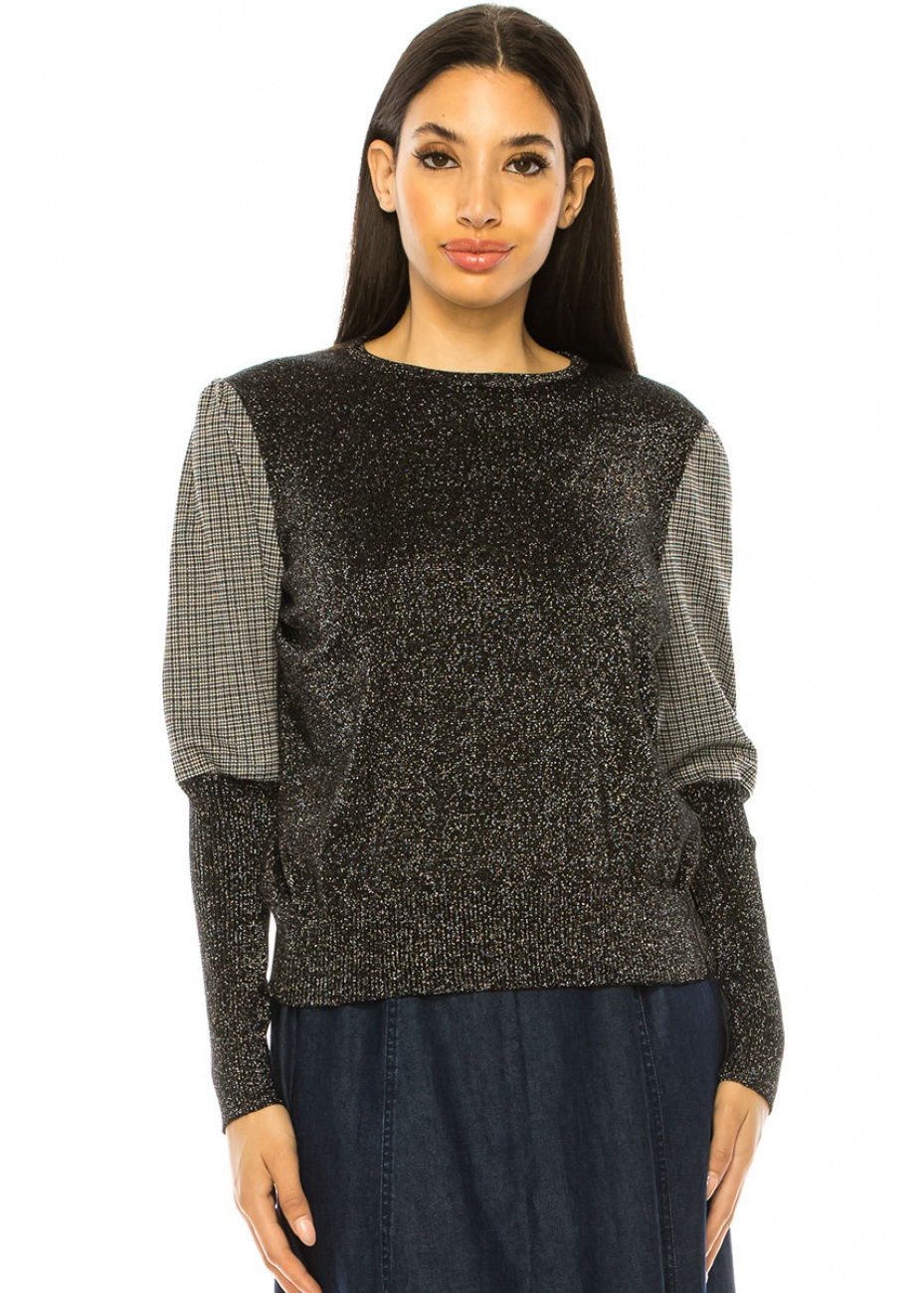 Leg Of Mutton Sleeve Sweater In Black Shimmer